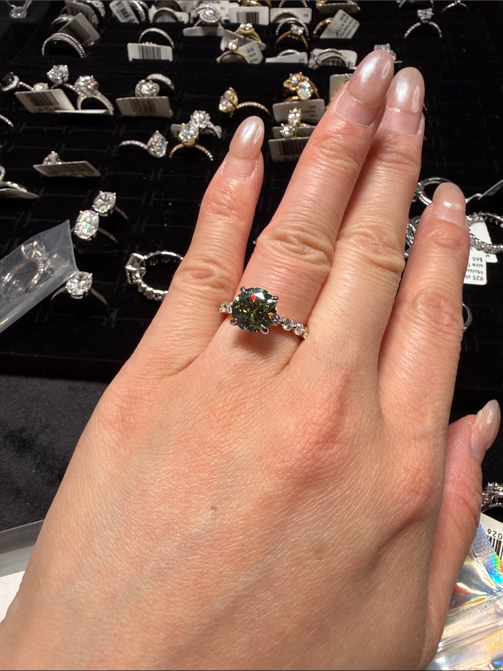 Green Solitaire Moissanite Engagement Ring with Accent Stones -